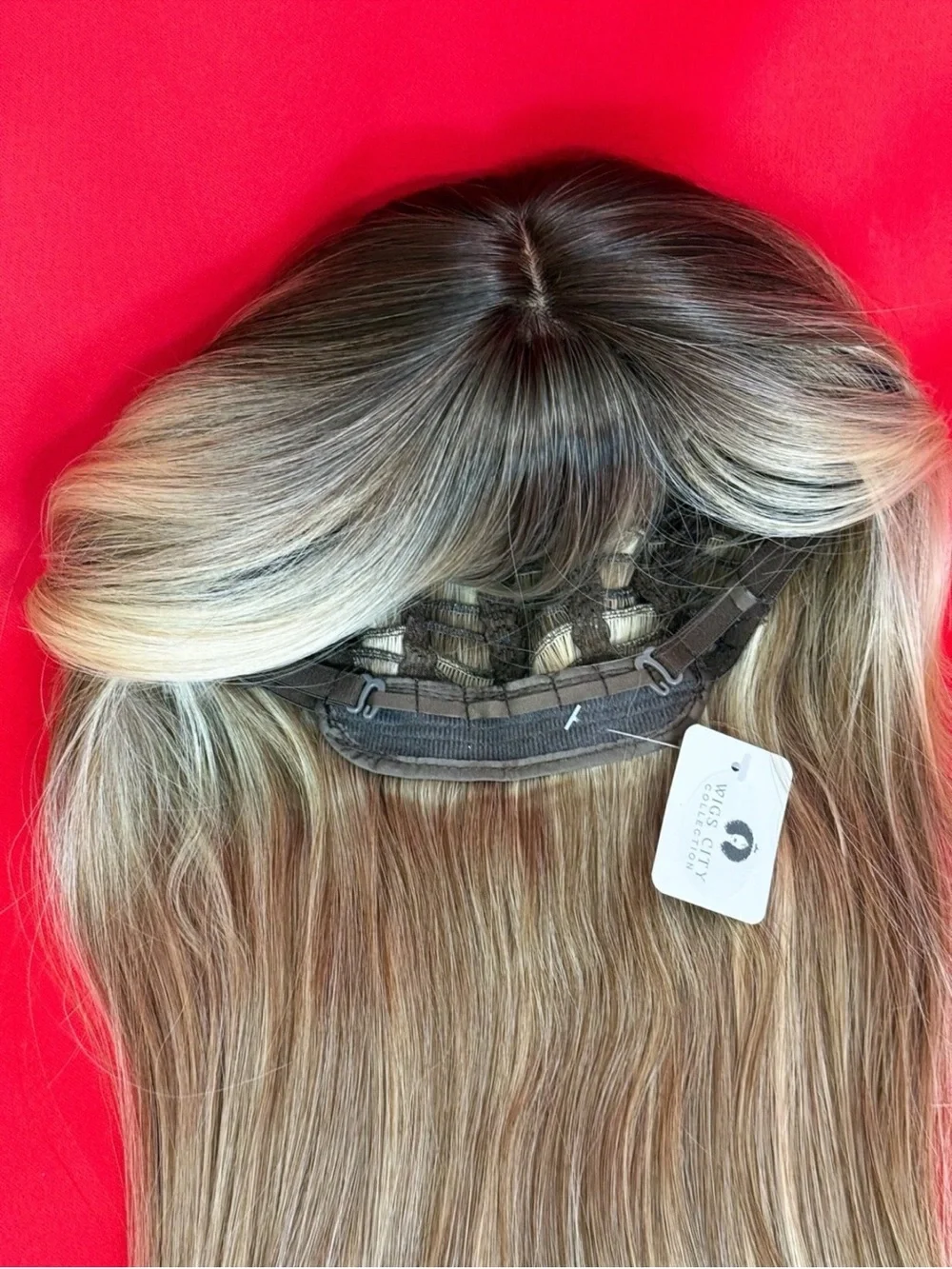 24” Human Hair Blend Blonde Balayage Darker Roots Women Wig Bangs Heat Resistant